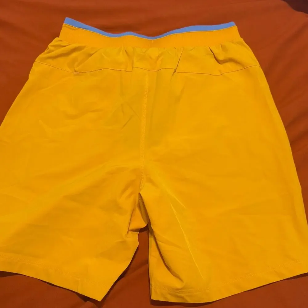 New Fabletics Fundamental II Shorts XS 7” Unlined Yellow Gold Baby Blue NWT